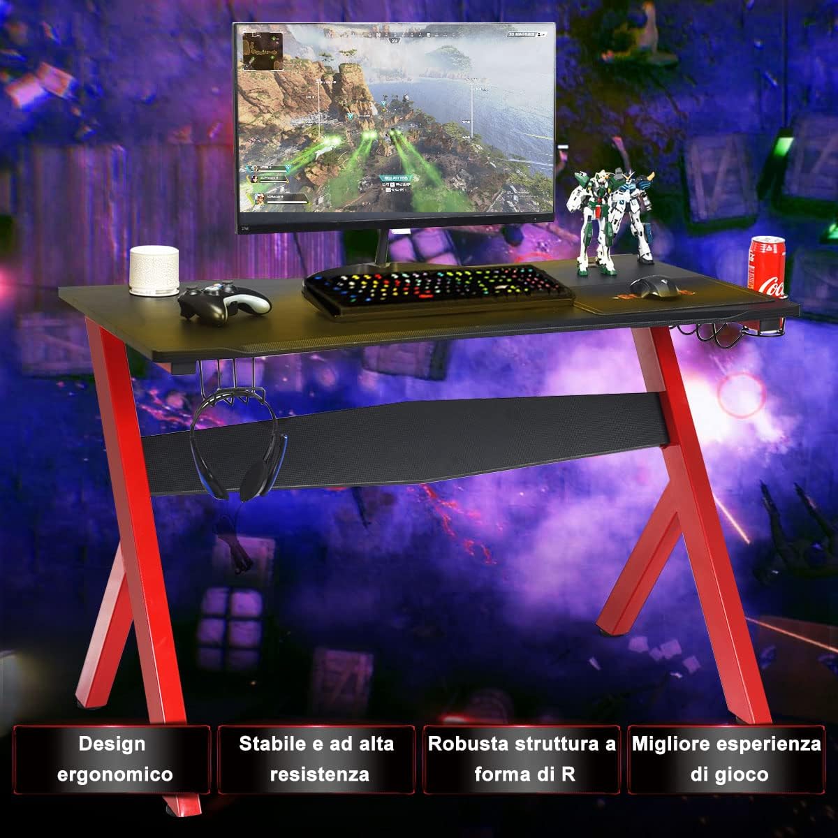 Scrivania da Gaming, Scrivania per Computer con Porta Bicchiere, Tavolo da Gamer con Superficie in Fibra di Carbonio, Capacità di Carico 100 kg, Nero