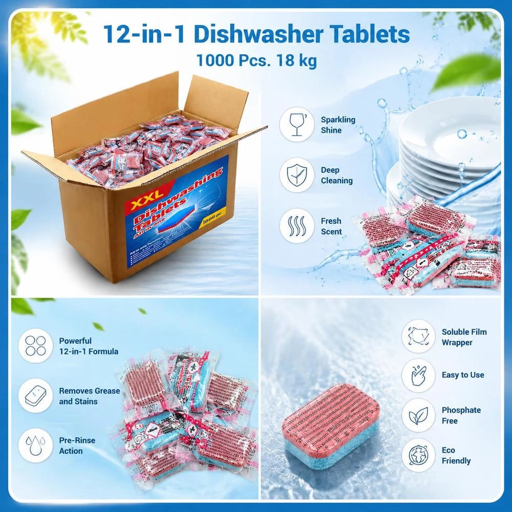 12-in-1 Dishwasher Tablets, 1000 Pieces, 18 Kg