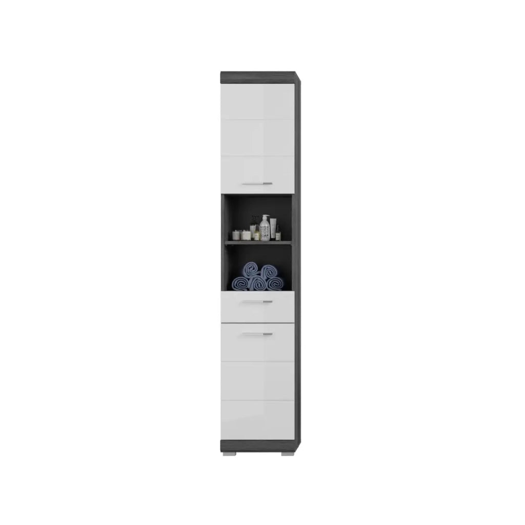 Set bagno SCOTT – Mobile sotto lavabo, specchio, mobiletto e colonna – Grigio scuro e bianco