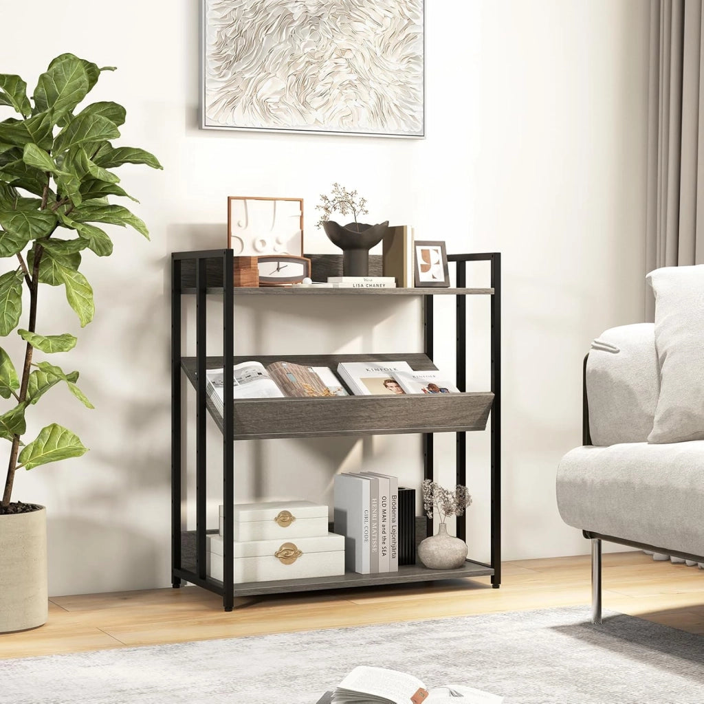 Libreria Scaffale Industriale 3 Ripiani Regolabili con Alette di Protezione, Scaffale Libreria Portaoggetti in Telaio in Metallo, Mensola Multifunzione, 2 Colori, 70 x 35 x 81 cm (Grigio)