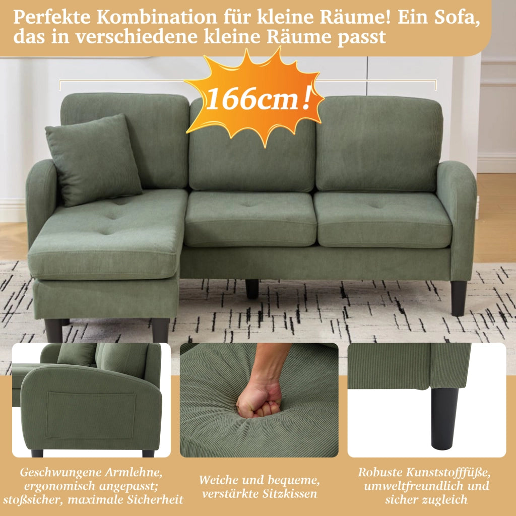 Divano angolare reversibile 3 posti con chaise longue modulare per soggiorno, in corda e schiuma, Verde