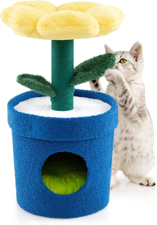 Albero per Gatti con Posatoio a Forma di Fiore, Condominio a Forma di Vaso, Tiragraffi a Forma di Stelo, Foglie Flessibili, Centro di Attività Versatile per Animali Domestici (Giallo)