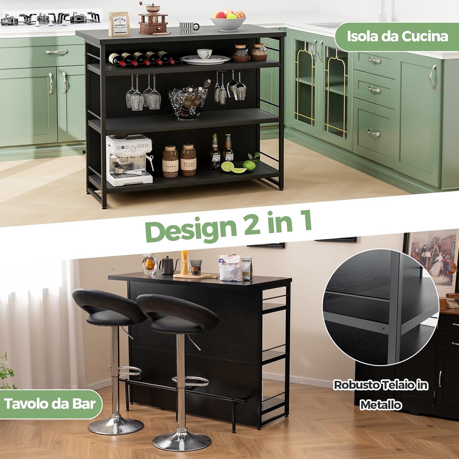 Isola per Cucina con Ampio Piano di Lavoro, Mobile da Cucina con 3 Ripiani Aperti, Poggiapiedi e Piedini Regolabili, Struttura in Metallo, per Cucina, Soggiorno, 120 x 60 x 101cm (Nero)
