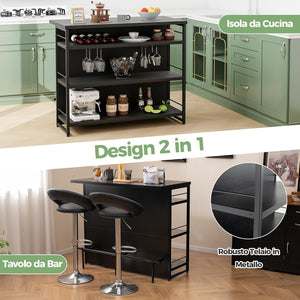 Isola per Cucina con Ampio Piano di Lavoro, Mobile da Cucina con 3 Ripiani Aperti, Poggiapiedi e Piedini Regolabili, Struttura in Metallo, per Cucina, Soggiorno, 120 x 60 x 101cm (Nero)