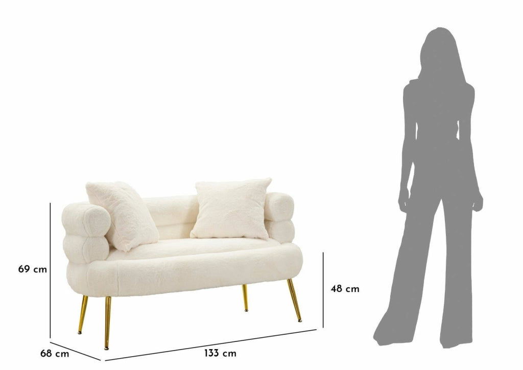 Divano fisso 2 posti Casier, Sofà dritto, Divanetto per salotto, Poltrona matrimoniale, 133x68 h69 cm, Bianco e Oro