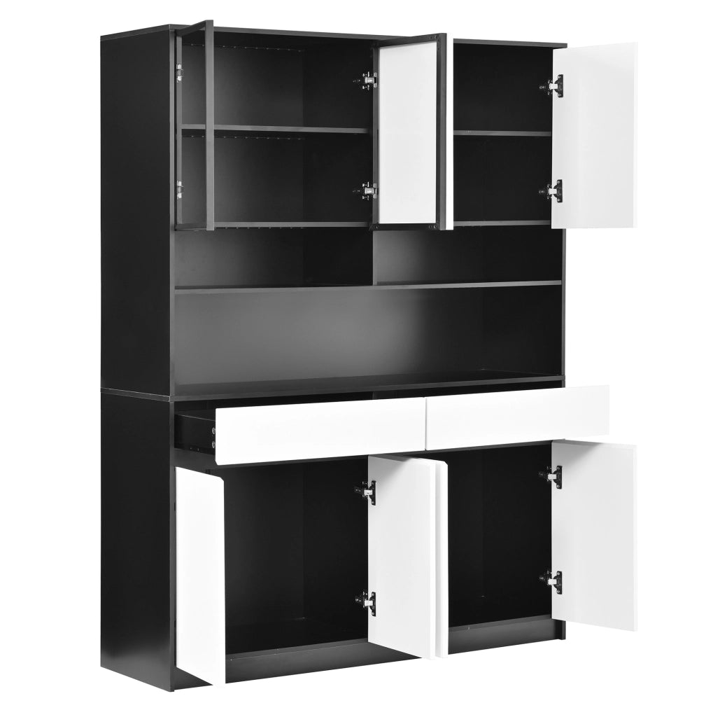 Armadio alto in MDF con 8 ante; 2 cassetti e illuminazione LED; nero e bianco