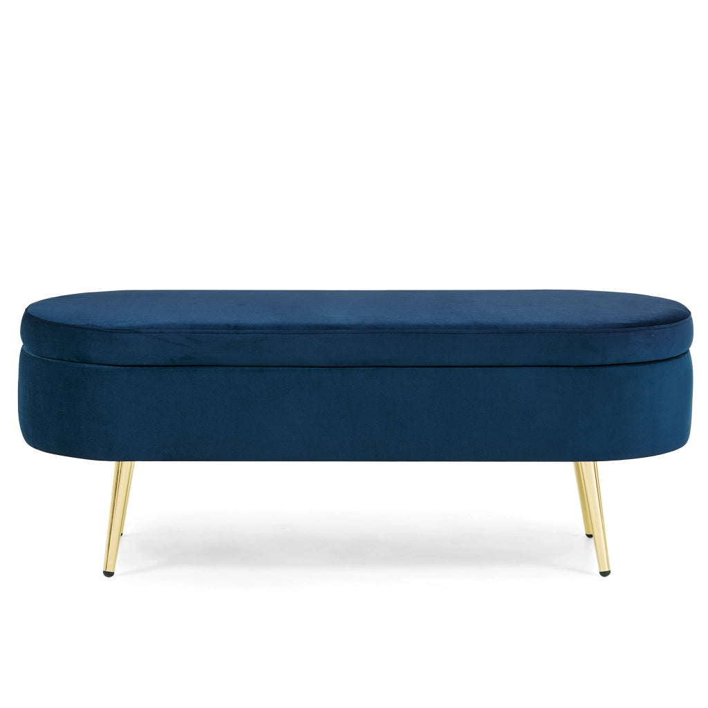 Banc con contenitore in velluto blu con coperchio ammortizzato struttura in legno e gambe in metallo 110 × 40 × 42 cm
