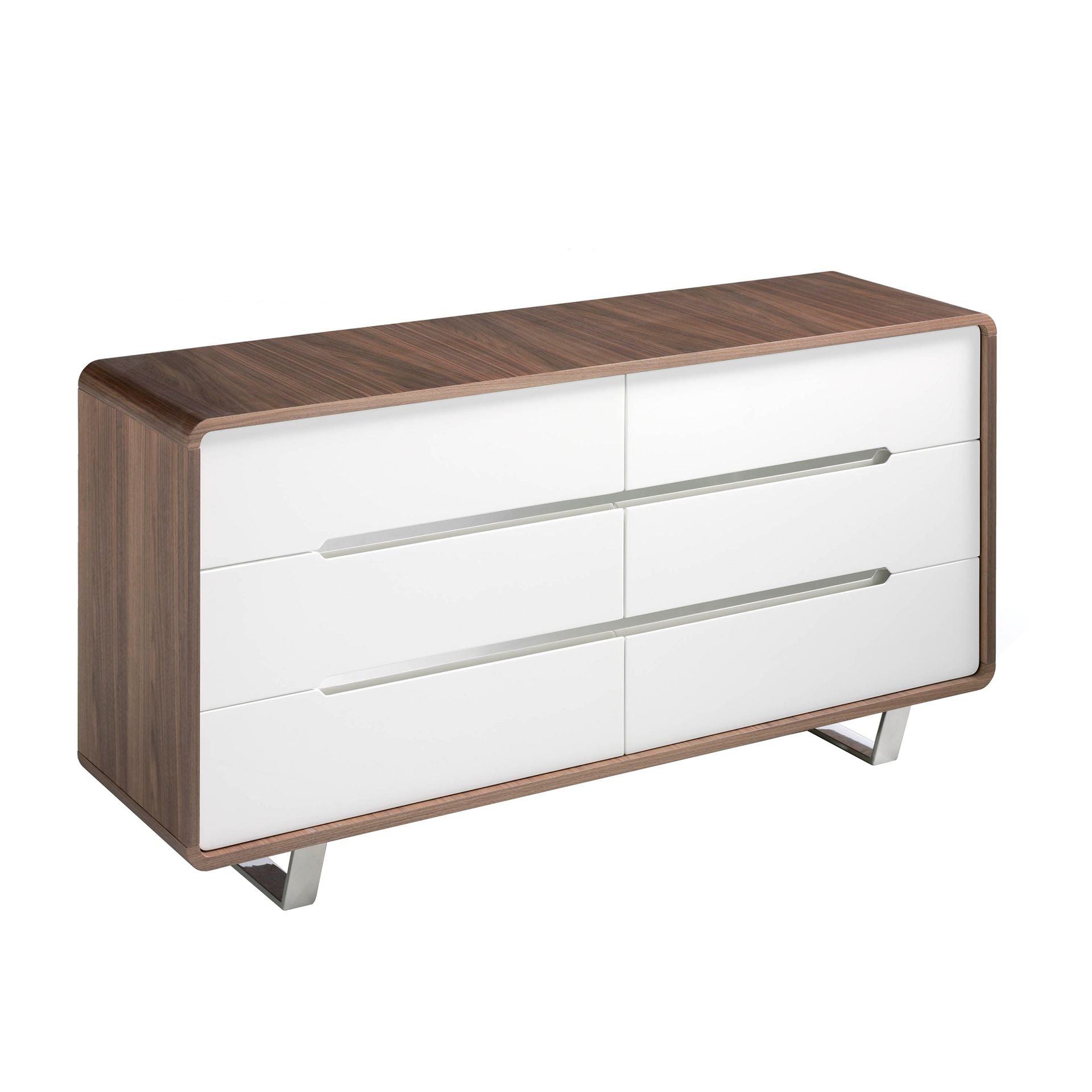 Cassettiera in legno bianco, noce e acciaio cromato