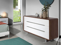 Cassettiera in legno bianco, noce e acciaio cromato