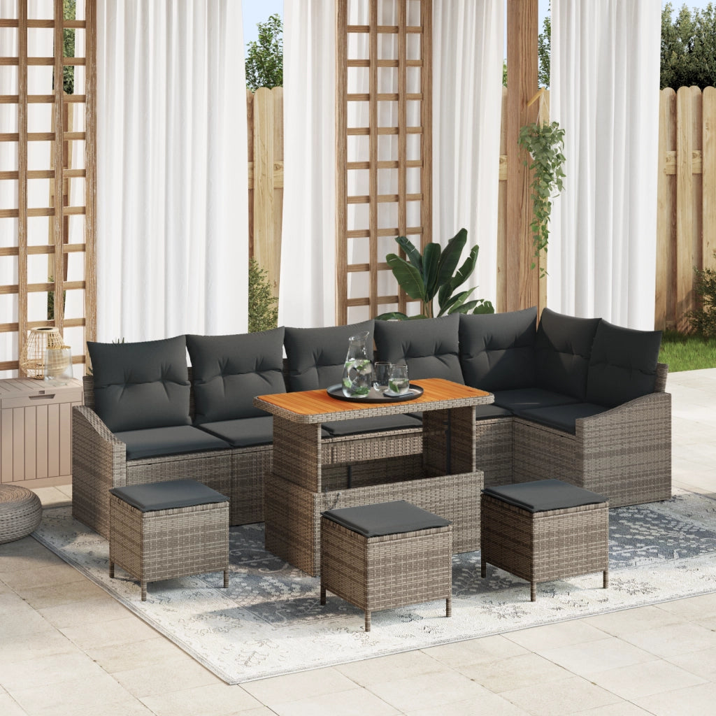Set di divani da giardino in 10 pezzi con cuscini Grigio Polyrattan Acacia