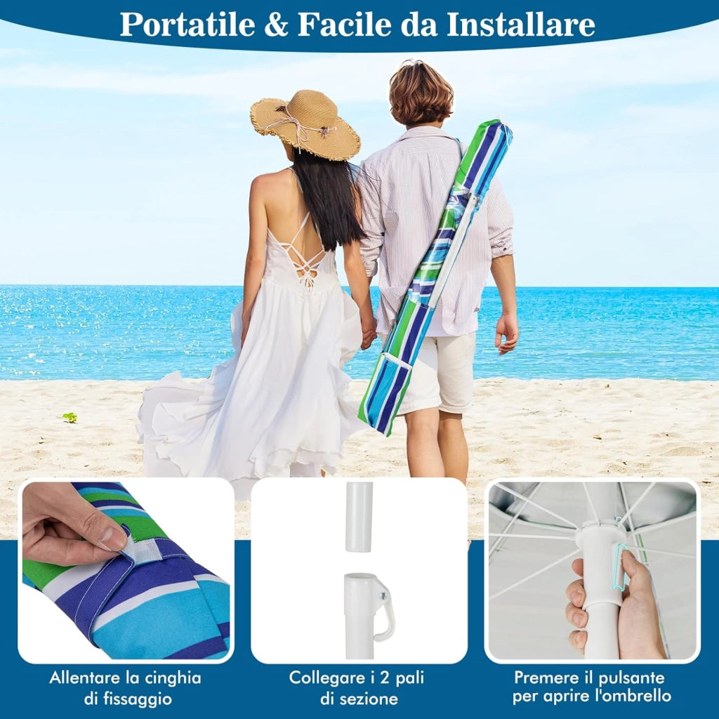 Ombrellone da Spiaggia 200 x 220 cm, Ombrellone da Mare con Inclinazione Regolabile, con Vassoio, 8 Stecche, Protezione UV, Impermeabile, Borsa di Trasporto (Verde)