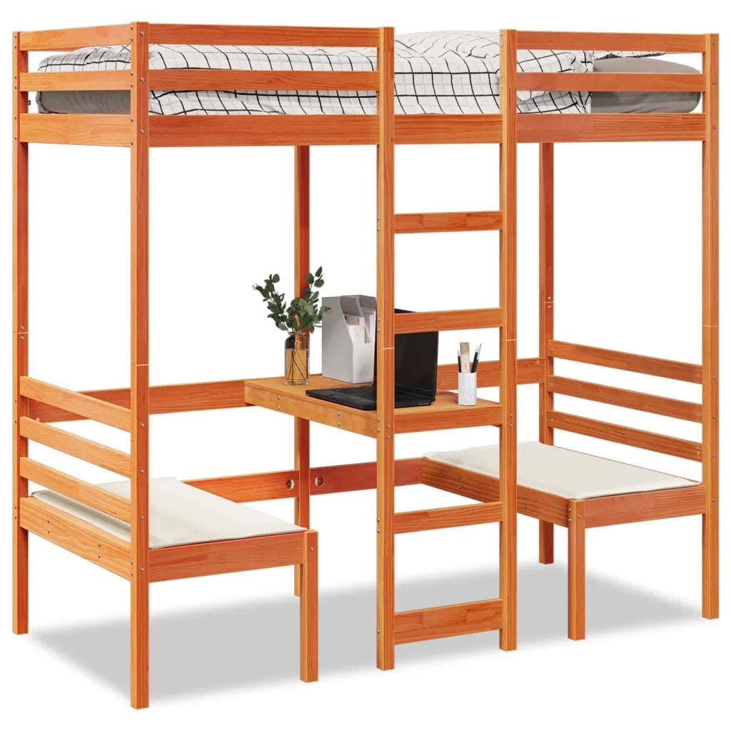 Letto singolo | Letto per adulti | Giroletto Soppalco Scrivania e Sedie Marrone Cera 75x190cm Pino