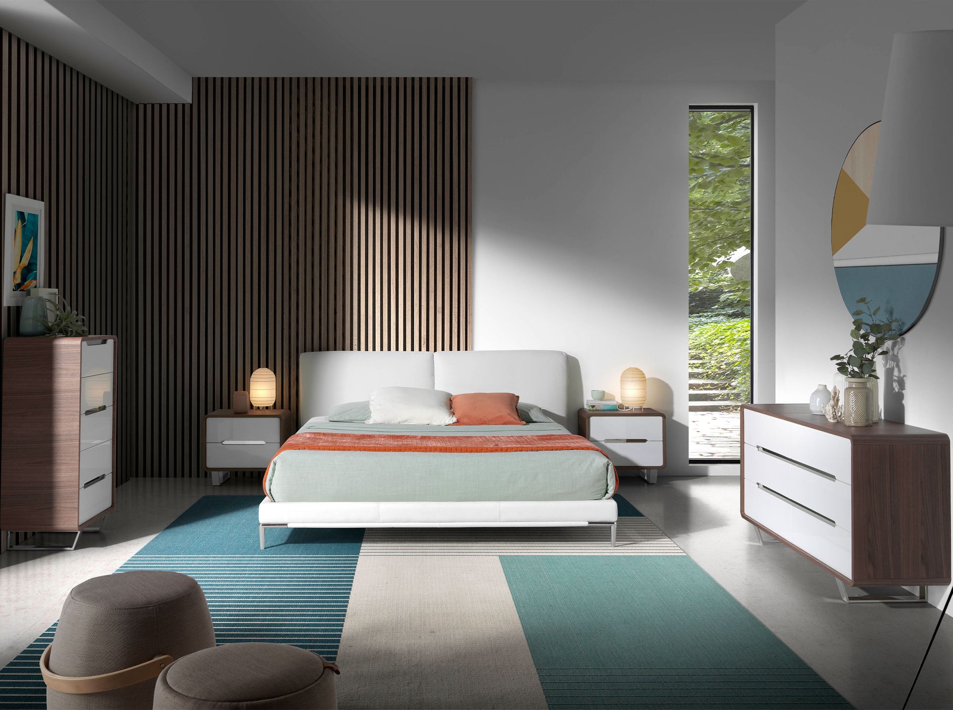 Comodino legno bianco, noce e acciaio cromato