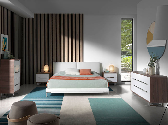 Comodino legno bianco, noce e acciaio cromato