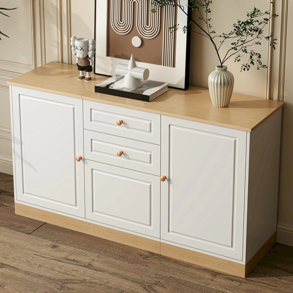 Credenza con due ante e due cassetti in pannello truciolare bianca e effetto legno 135,5 × 39 × 76 cm