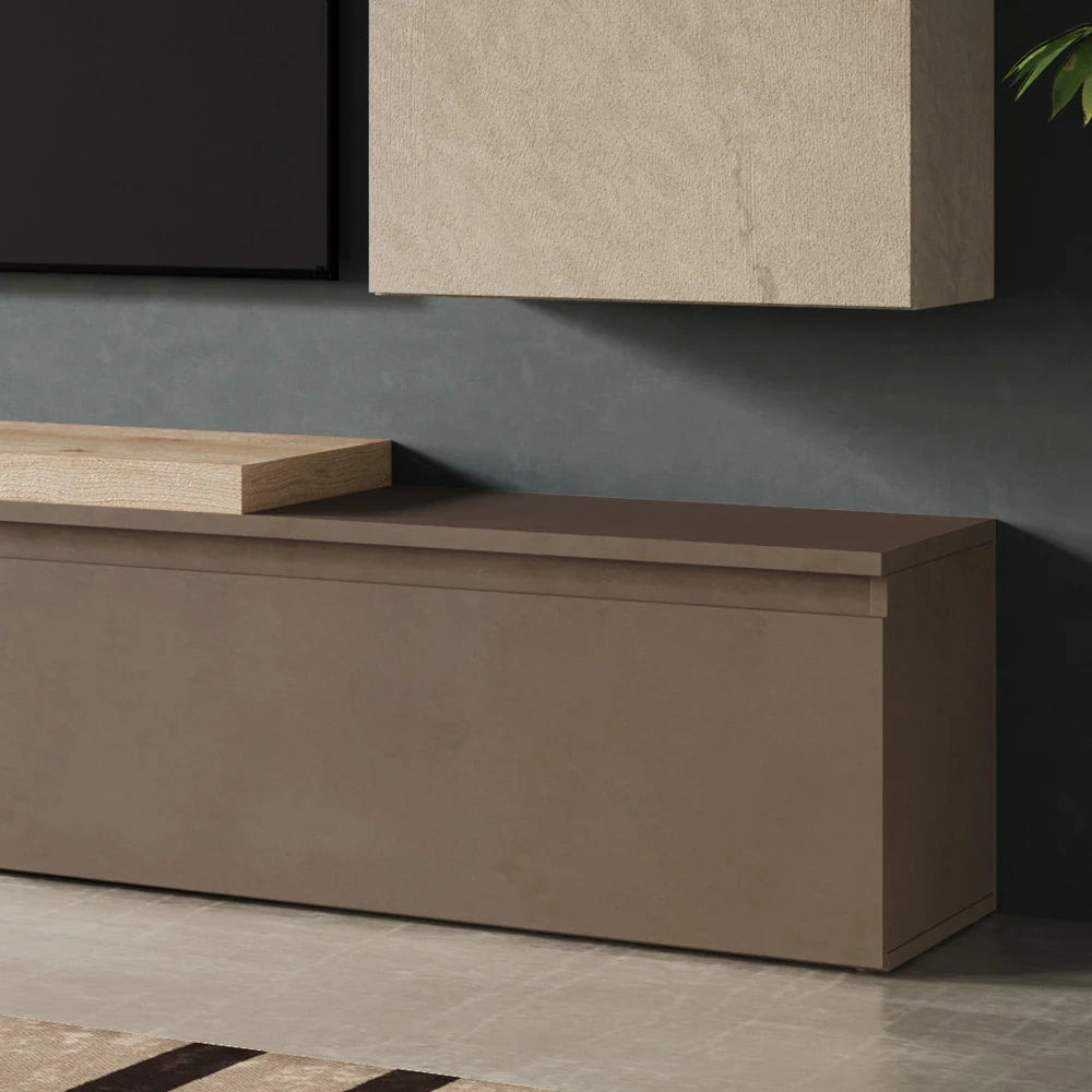 Parete Attrezzata Made in Italy Infinity 2A con Mensola "T", Base TV, 2 Cubi con anta, 2 Cubi con vano, Mensola, design moderno per soggiorno, sala da pranzo, cucina, colore Argilla/Bronzo/Cadiz