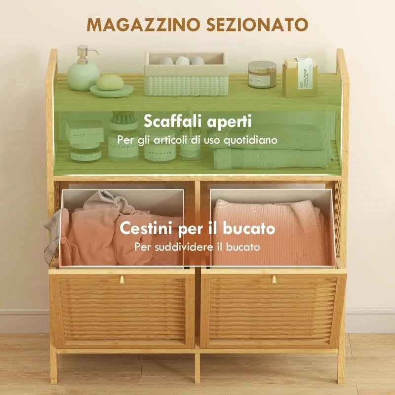 MOBILE PORTABIANCHERIA CON 2 CESTI DA 41L E 2 RIPIANI, IN BAMBÙ E POLIESTERE, 82X33X88 CM, COLOR LEGNO E CREMA