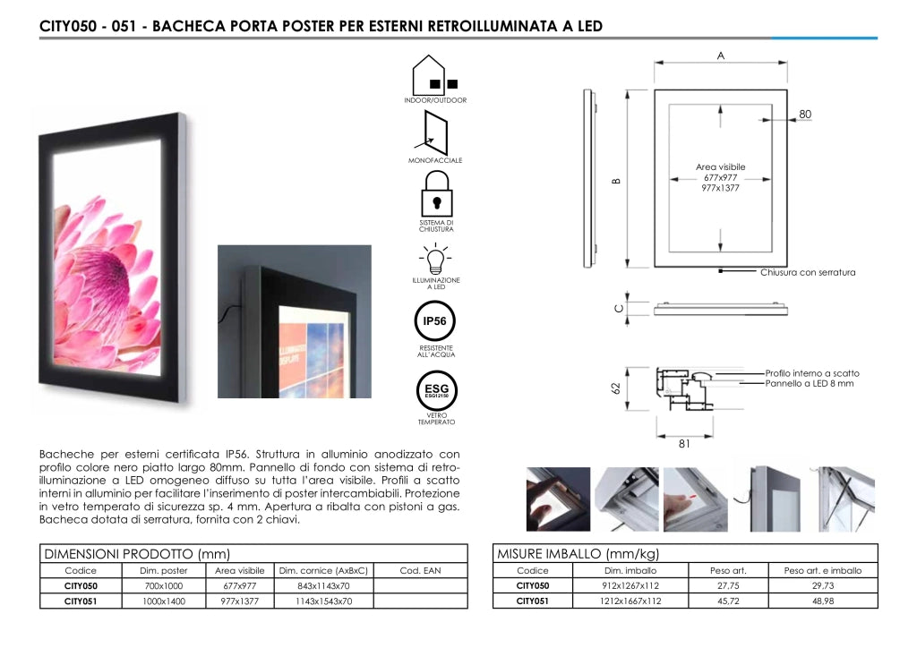 Bacheca per Esterno Portaposter Nera Retroilluminata LED - 70 x 100