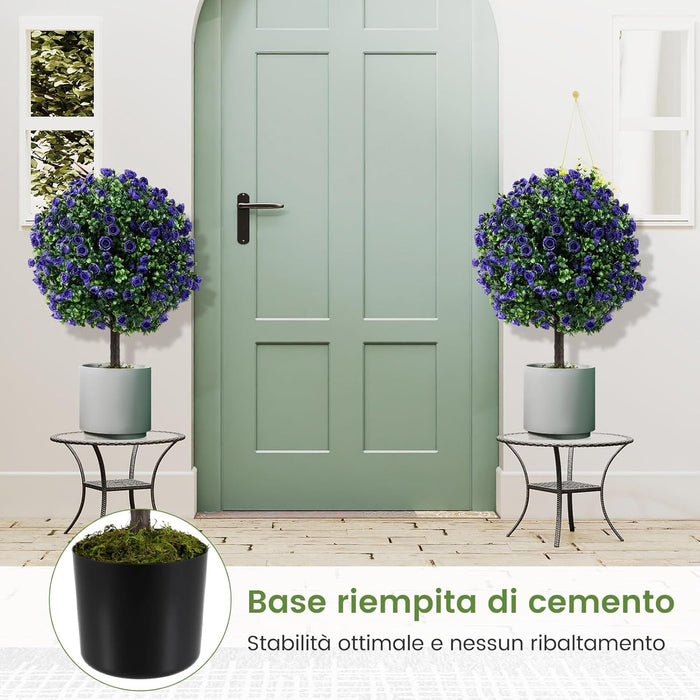 Set di 2 Alberi di Topiario Artificiale con Rose Viola, Albero di Bosso Finto da 55 cm con Vaso Riempito di Cemento, Pianta Finta Resistente al Sole per Interni ed Esterni