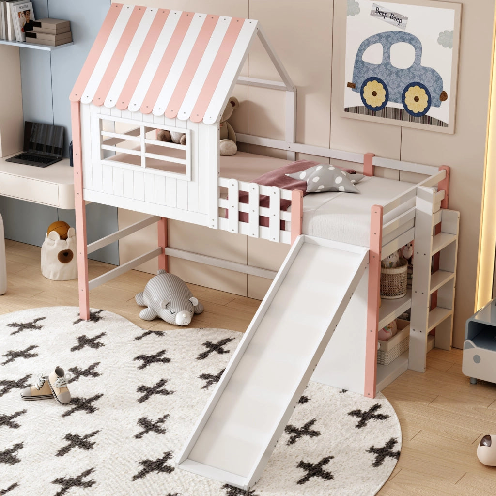 Letto a soppalco per bambini 90x200 cm con scivolo; scala di sicurezza e vani contenitore; rosa