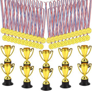 Set di Trofei per Festa 50 pezzi - 10 x Trofei d'Oro - 40 x Medaglie Vincitrici - Plastica - Feste per Bambini - Premi Sportivi