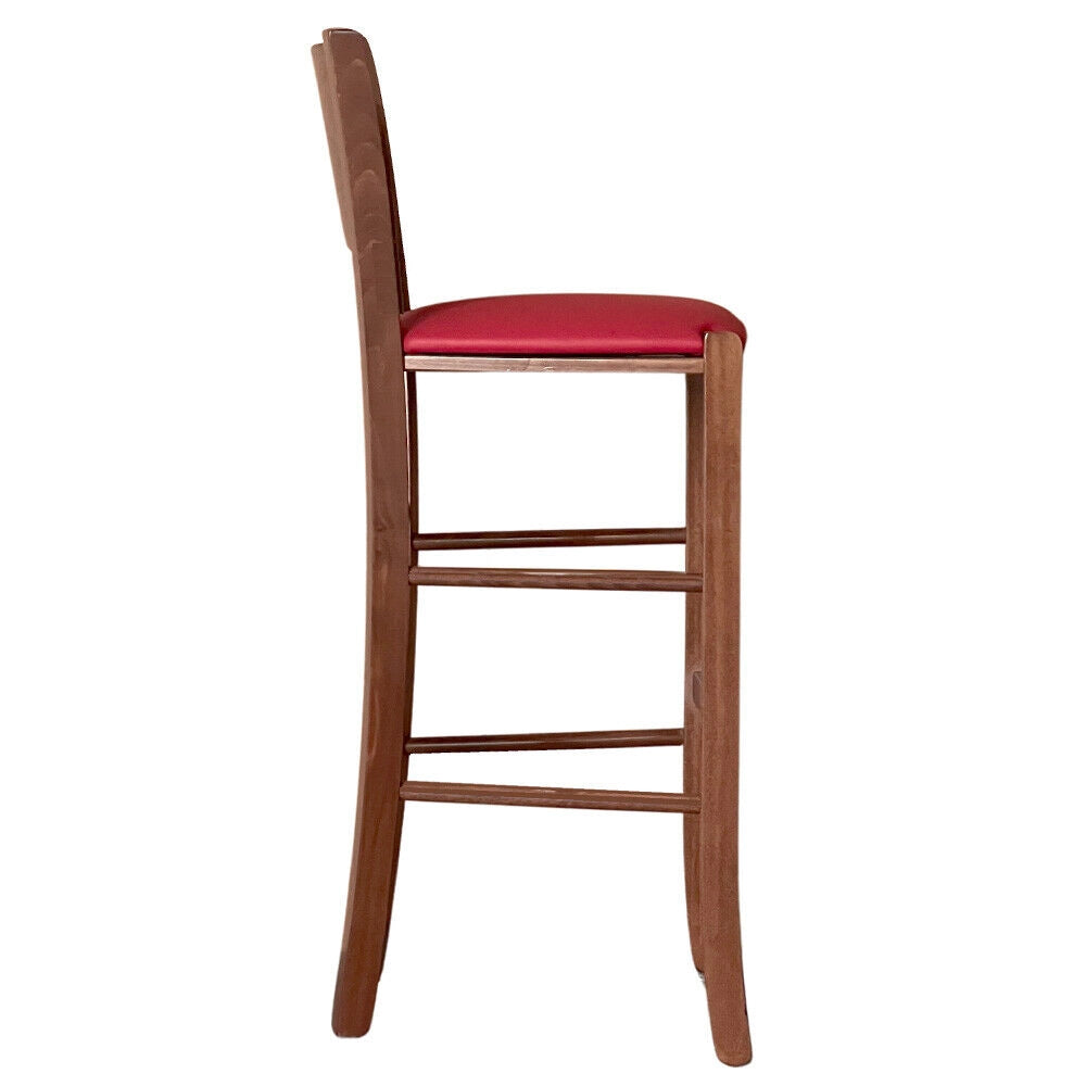Sgabello alto da bar lucy in legno noce scuro h 73 con seduta in ecopelle rosso