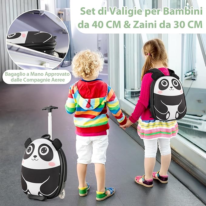 2 Pezzi Valigia per Bambini con Maniglia Retrattile + Zaino Bagaglio a Mano, con ruote girevoli a 360 ° (panda)