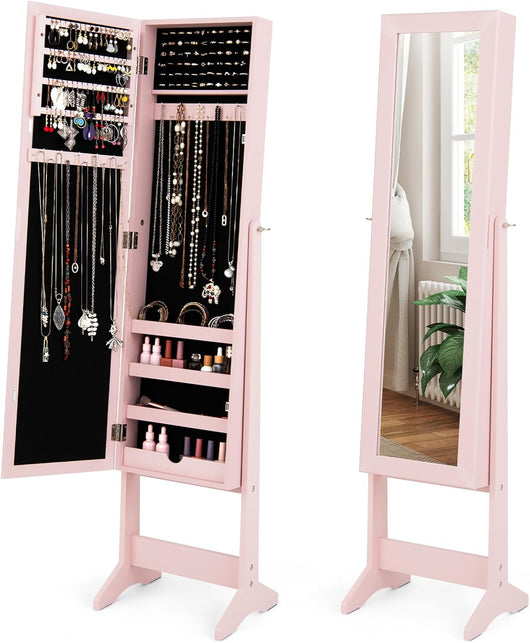 Specchio Portagioie da Terra, Armadietto Portagioie con Specchio a 3 Angoli, Organizer per Gioie Camera da Letto, 35 x 30 x 144 cm (Rosa)