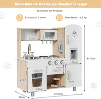Cucina giocattolo per bambini, Cucina per Bambini in Legno con Telefono, Piano, Cottura, Frigo, Microonde, Lavello Rimovibile, 3 Anni+