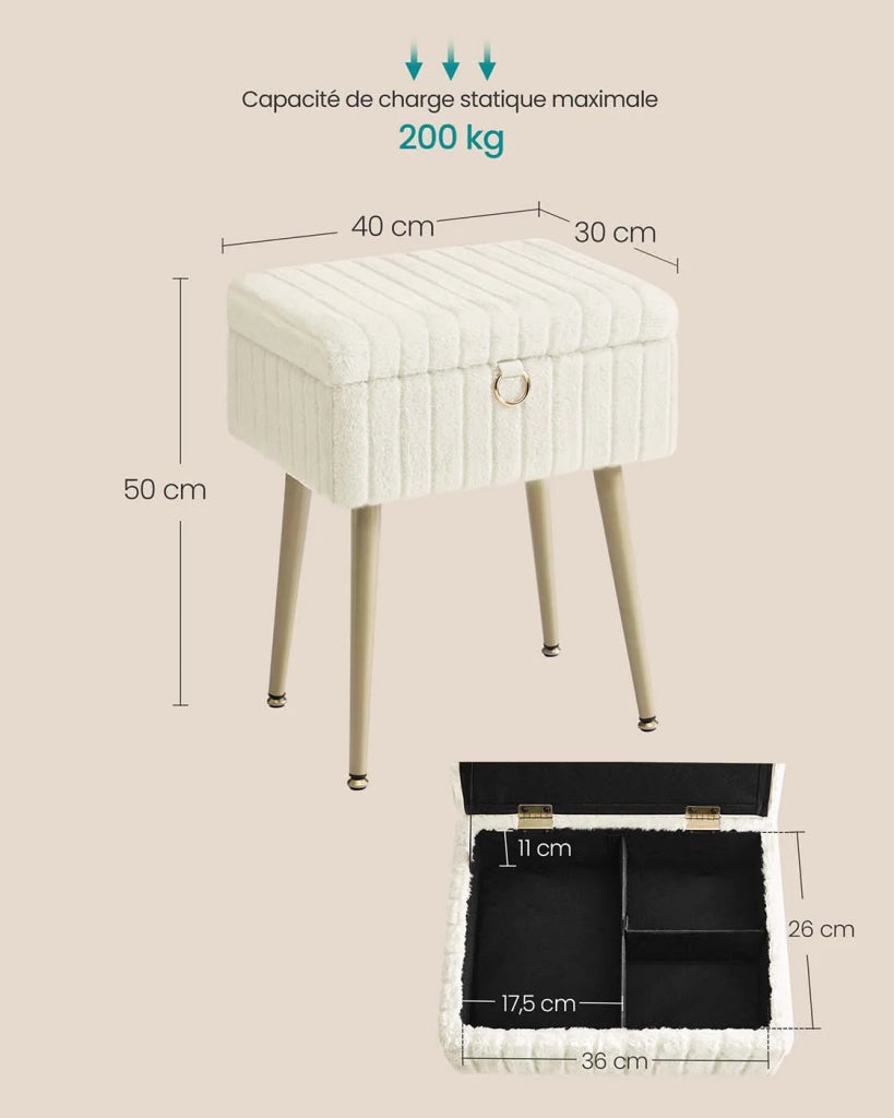 Sgabello da toeletta con contenitore e poggiapiedi 30 x 40 x 50 cm metallo imbottito piedini regolabili per soggiorno camera da letto cabina armadio beige 12_0008034