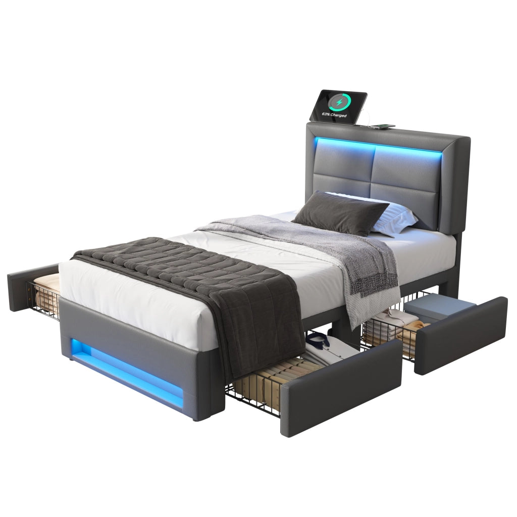 Letto imbottito 90x200 cm in PU grigio con USB, LED e 4 cassetti, senza materasso