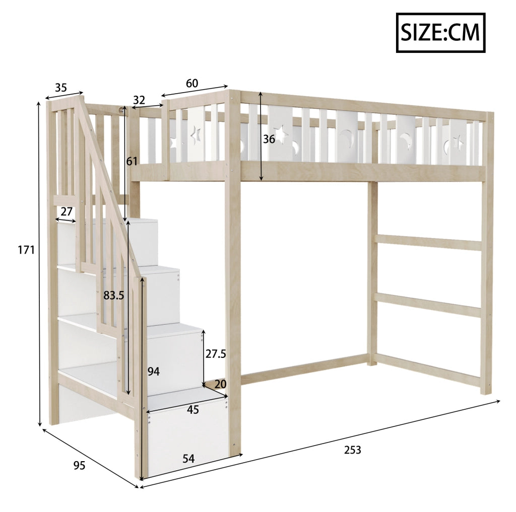 Letto a soppalco per bambini 90x200 cm con scala e ripiani