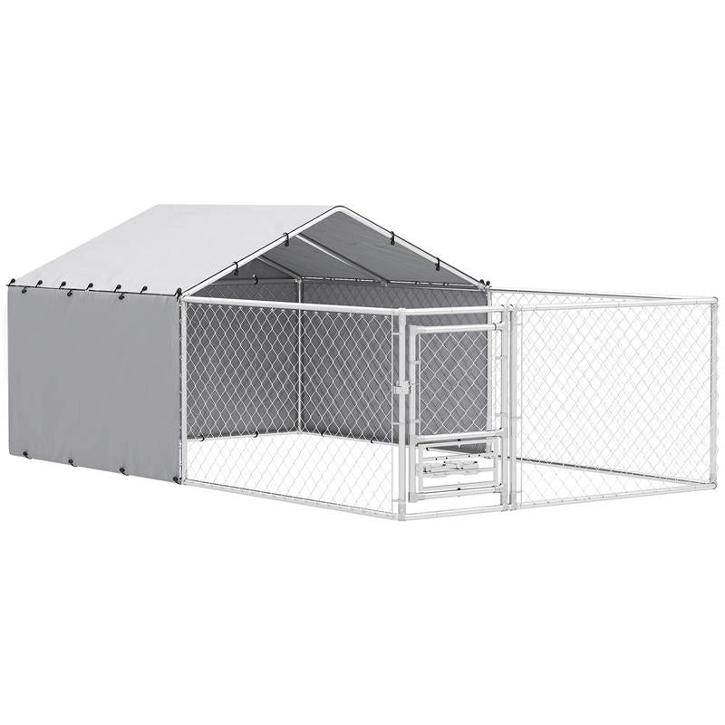 RECINTO PER CANI CON COPERTURE E CIOTOLE GIREVOLI, IN ACCIAIO E TESSUTO OXFORD, 4X2.3X1.5 M, ARGENTO