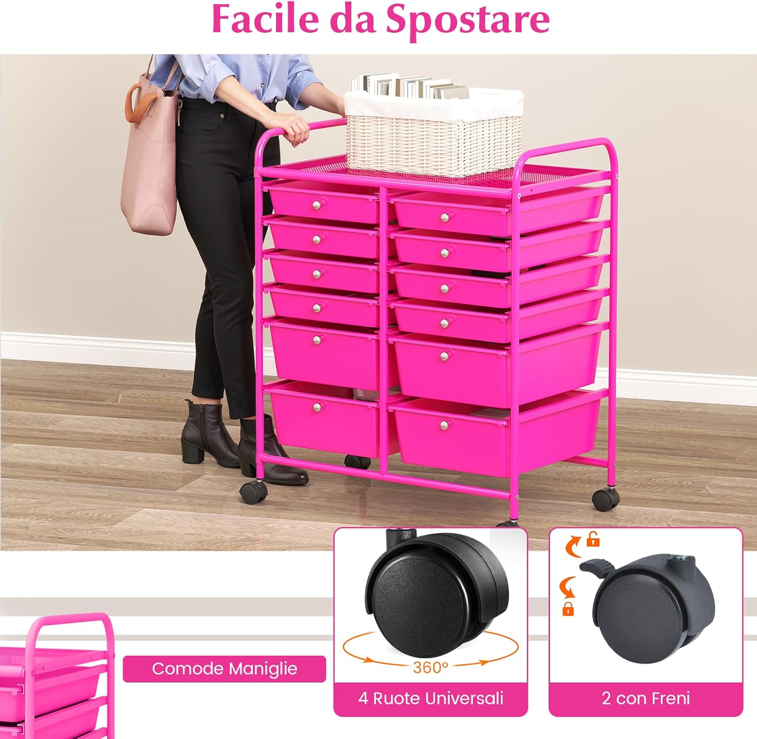 Carrello con 12 Cassetti con Ruote, Carrello di Stoccaggio Multiuso con Ampio Spazio di Archiviazione, Ideale per Casa Ufficio Domestico, 73,5 x 37 x 63 cm (Rosa)