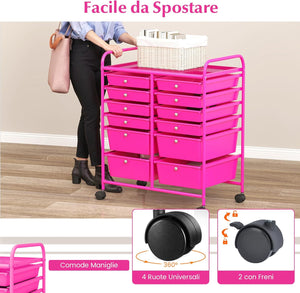 Carrello con 12 Cassetti con Ruote, Carrello di Stoccaggio Multiuso con Ampio Spazio di Archiviazione, Ideale per Casa Ufficio Domestico, 73,5 x 37 x 63 cm (Rosa)