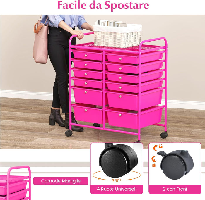Carrello con 12 Cassetti con Ruote, Carrello di Stoccaggio Multiuso con Ampio Spazio di Archiviazione, Ideale per Casa Ufficio Domestico, 73,5 x 37 x 63 cm (Rosa)