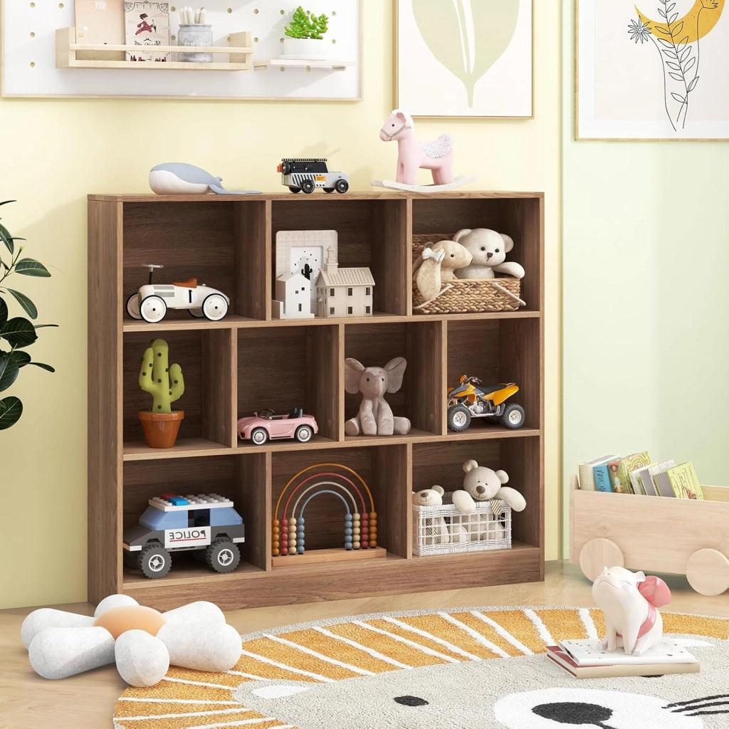 Libreria Aperta con 10 Scomparti, Libreria a 3 Livelli con Dispositivo Antiribaltamento, Mobile di Stoccaggio, Scaffale per Soggiorno, Ufficio (Naturale, 120 x 24 x 104 cm)