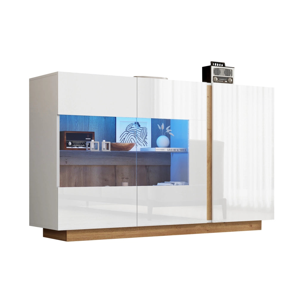 Credenza con 3 ante; luci LED RGB e finitura lucida in truciolato bianco