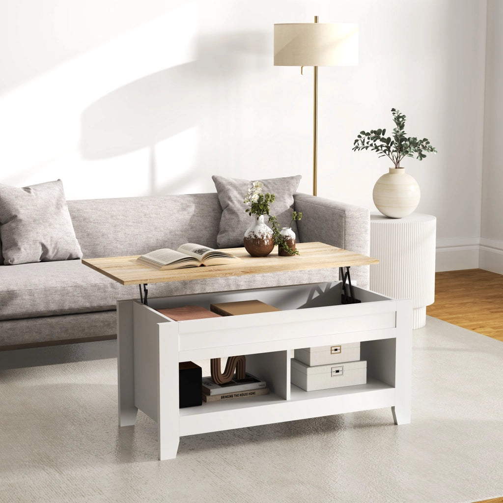 Tavolino da salotto con piano elevabile e ripiano nascosto ¨C Minimal ¨C 105x50x49 cm bianco e legno naturale