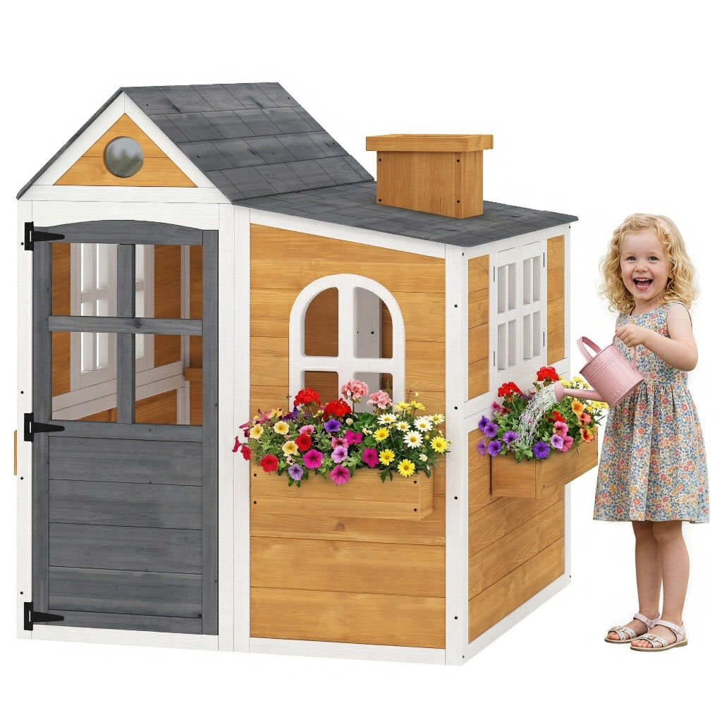 Casetta per bambini in legno per esterno ¨C zephmum ¨C con porta, finestre e 3 vasi, gialla