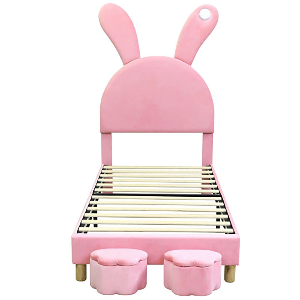 Lit LED per bambini con tabouret - Xylo - 90x200 cm - Rosa - Testiera regolabile