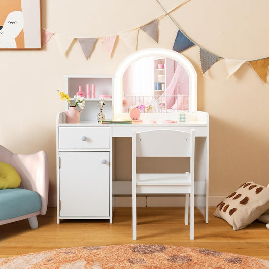 Toeletta Trucco 2 in 1 per Bambina, Specchiera per Ragazza in Legno con Mensole, Cassetto, Ripiani e Luci LED Regolabile, Postazione Trucco per 3 Anni, 80 x 40 x 94 cm (Bianco)