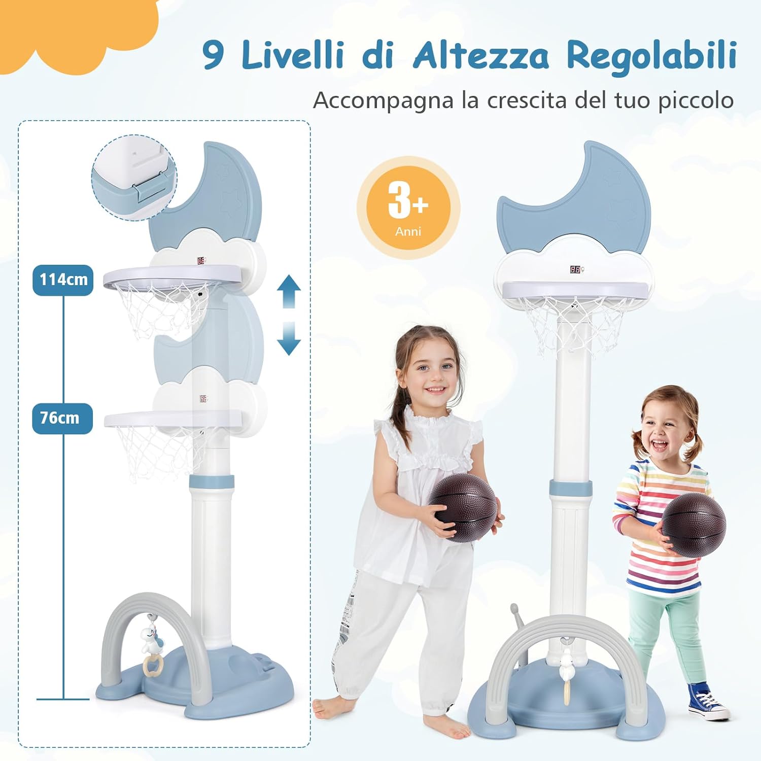 4 in 1 Canestro da Basket per Bambini, Centro di Attività Sportiva Regolabile con Basket Calcio Golf e Gioco del Lancio dell'Anello, per Interno ed Esterno, 3 Anni+ (Blu)