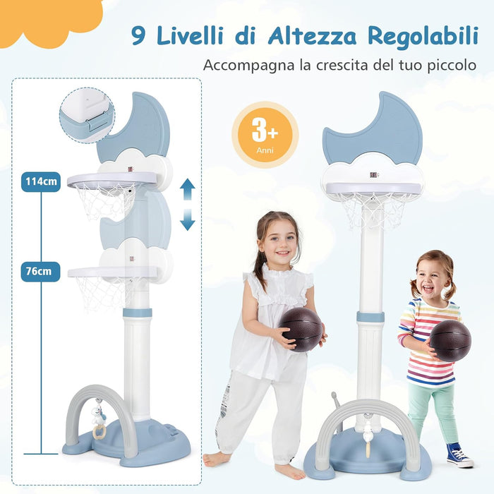 4 in 1 Canestro da Basket per Bambini, Centro di Attività Sportiva Regolabile con Basket Calcio Golf e Gioco del Lancio dell'Anello, per Interno ed Esterno, 3 Anni+ (Blu)