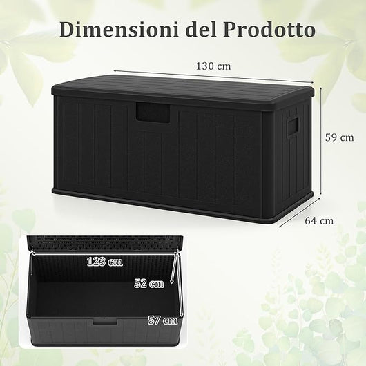 Baule da Esterno 378 L Impermeabile, Cassapanca Contenitore in Resina con Coperchio Bloccabile, Contenitore Salvaspazio per Giardino e Cortile, 130 x 64 x 59 cm (Nero)