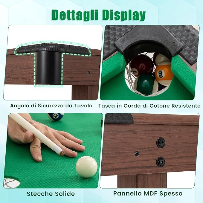 Tavolo da Biliardo, Tavolo da Gioco Biliardo in Legno con Set di Palline 2 Steccette 2 Gessi Triangolo Spazzola, Mini Tavolo da Biliardo per Sala Giochi bar Palestra, 122x61x76 cm