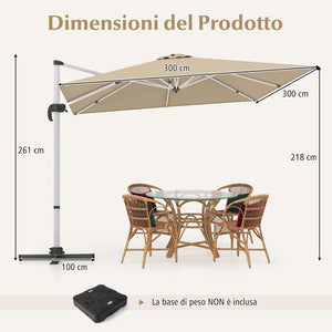 Ombrellone da Giardino 300 cm, Ombrellone Quadrato da Esterno con Rotazione a 360°, Inclinazione Regolabile, Base a Croce, 8 Stecche (Beige, 300 x 300 x 261 cm)