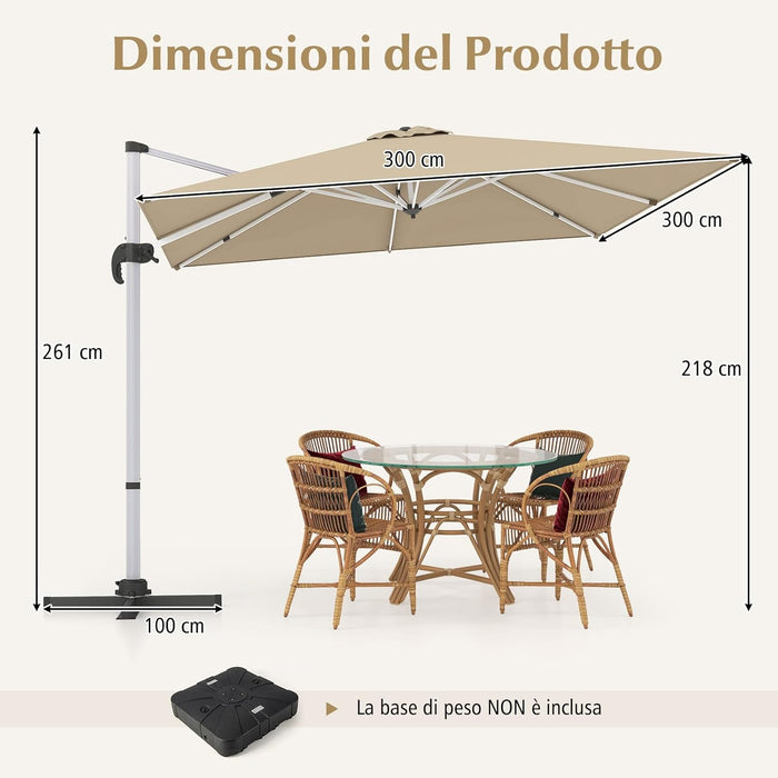 Ombrellone da Giardino 300 cm, Ombrellone Quadrato da Esterno con Rotazione a 360°, Inclinazione Regolabile, Base a Croce, 8 Stecche (Beige, 300 x 300 x 261 cm)