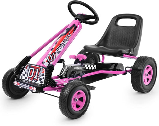 Go Kart a Pedali per Bambini, con Sedile Regolabile e Freno a Mano, Go Kart Veicolo per Bambini 3-8 Anni, Portata Massima 30 kg (Rosa)