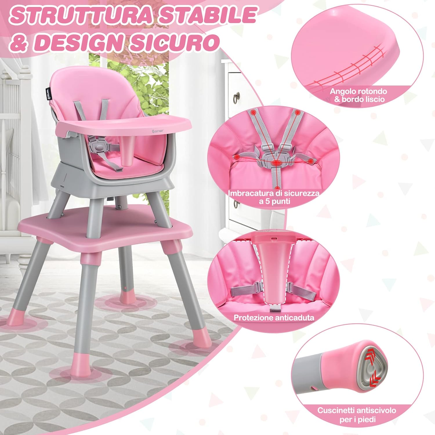 Seggiolone Pappa per Bambini 6 in 1, Seggiolone per Neonati Convertibile, Tavolo per Costruzioni per Bambini, con Imbracatura a 5 Punti, per Bambini da 6 Mesi fino 3 Anni (Rosa)